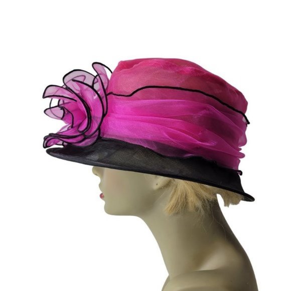 Pink and Black Ruffles Organza Packable Adjustable Dress Hat - Picture 3 of 16